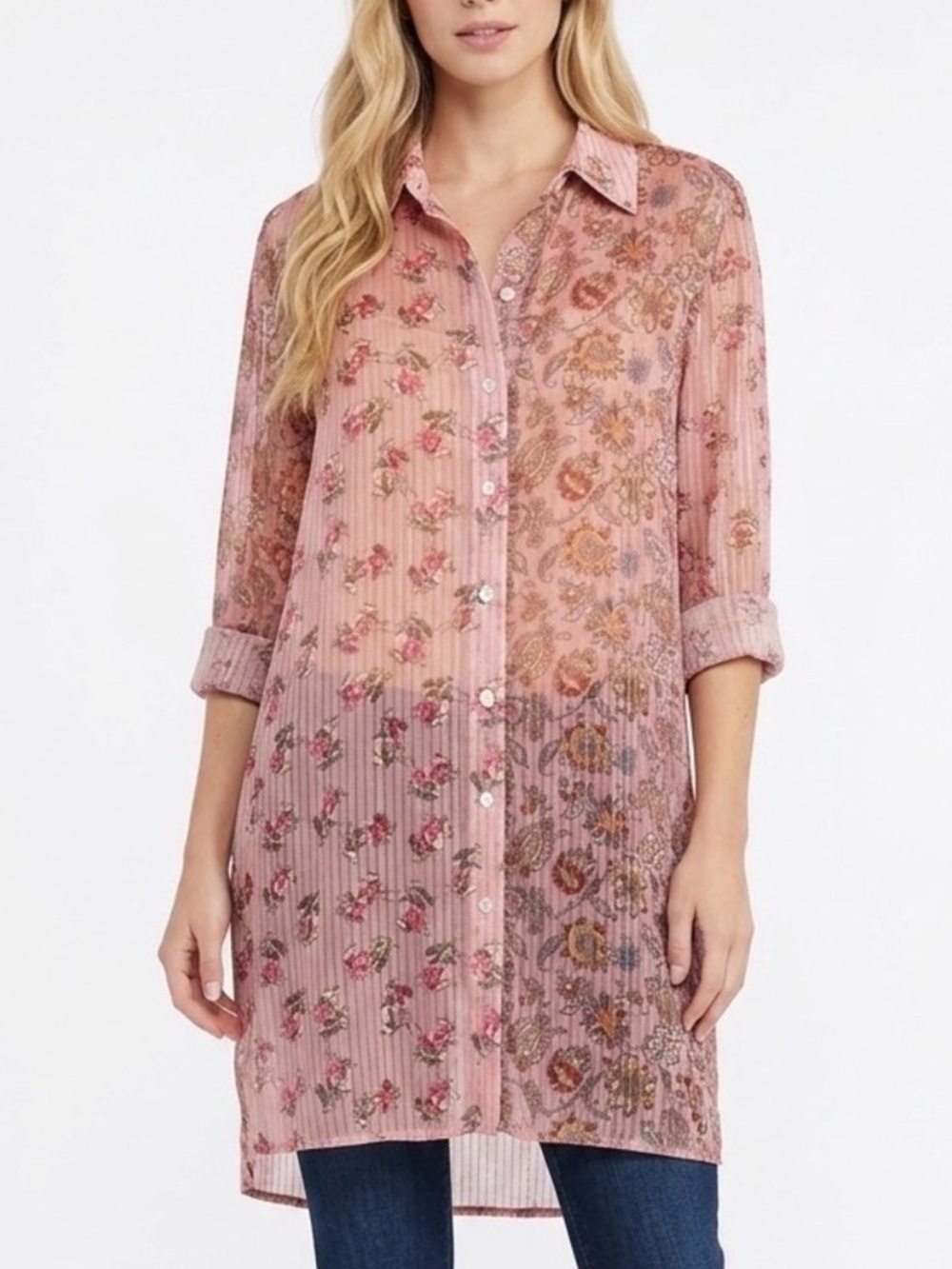 Soft Surroundings Miranda Tunic Sheer Floral Print Metallic Shimmer Boho XS